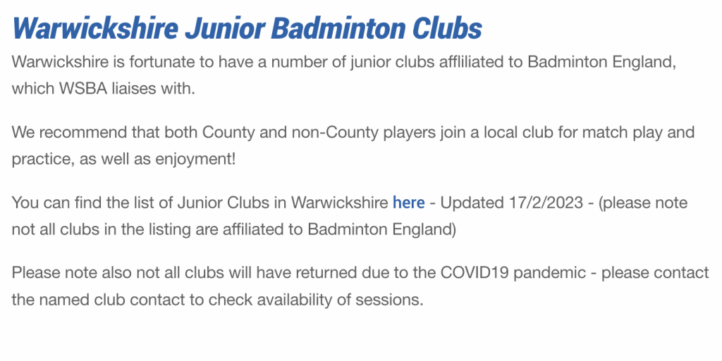 South Warwickshire Junior Badminton Club
